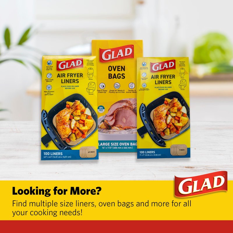 Glad Air Fryer Parchment Liners, Nonstick, Heat Resistant to 446 Degrees F, Food-Grade Material, Flat Square for Round and Square Air Fryer Baskets, 6.5" x 6.5", 100 Count