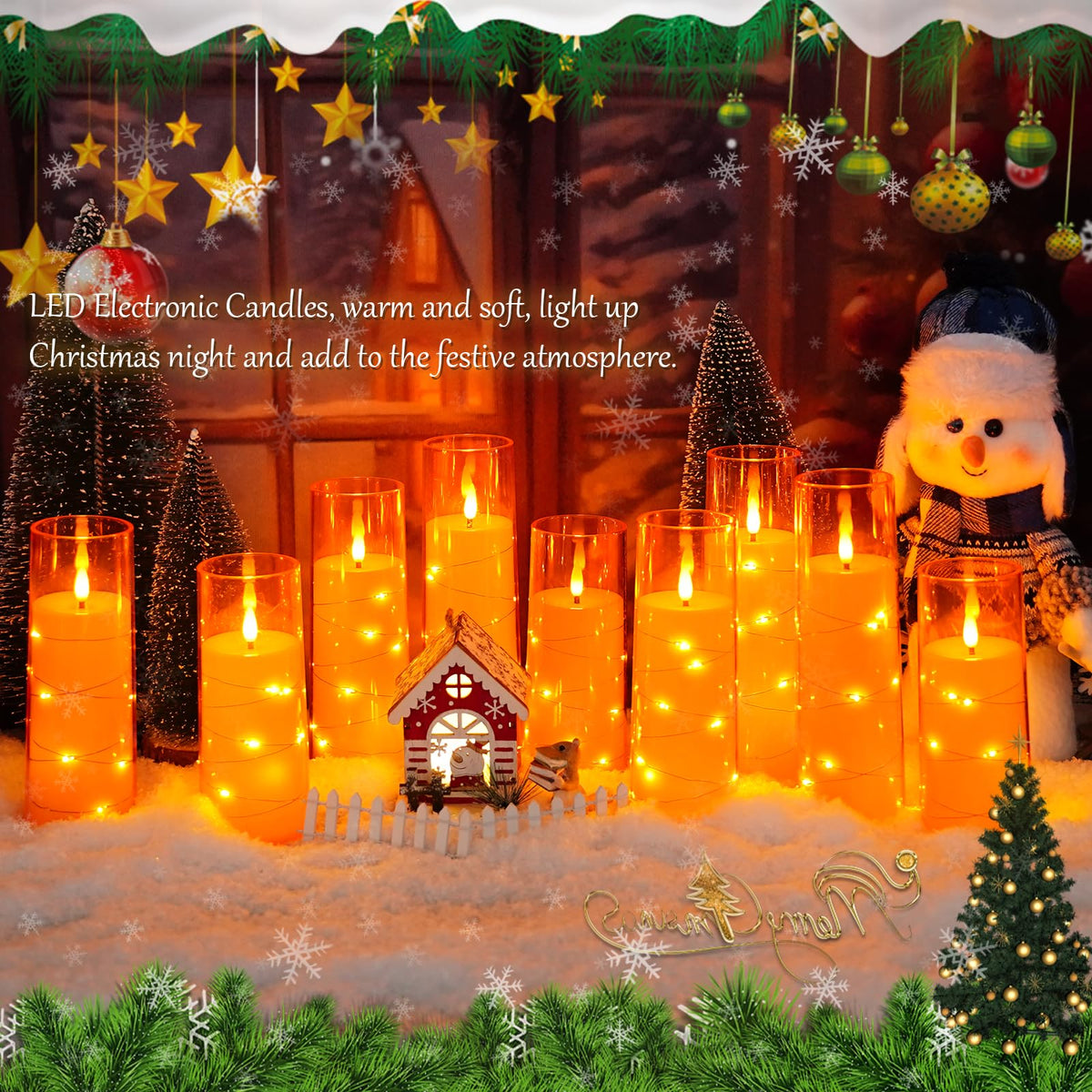 kakoya Flameless LED Candles with Timer 9 Pc Flickering Flameless Candles for Romantic Ambiance and Home Decoration Stable Acrylic Shell,with Embedded Star String,Battery Operated Candles(Orange)