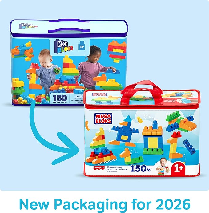 MEGA BLOKS First Builders Toddler Blocks Toys Set Deluxe Building Bag with 150 Pieces and Storage Creative Open-Ended Play Blue Ages 1+ Years (Amazon Exclusive)