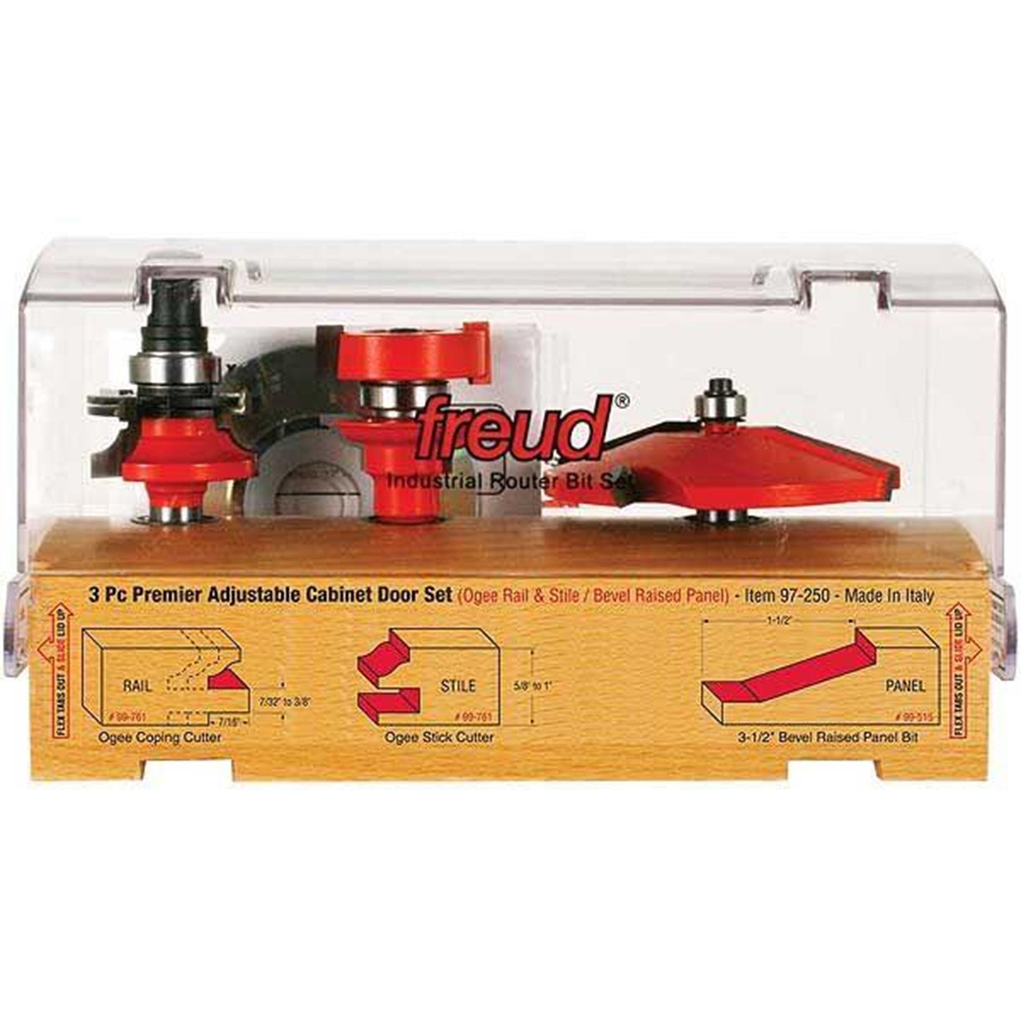 Freud 97-250: 3 Piece Premier Adjustable Cabinet Bit Set, ogee & bevel profile