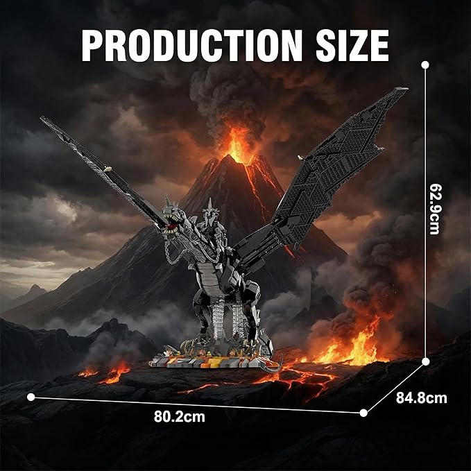 The Rings Dark Fantasy Giant Dragon with Witch King Figure Building Blocks Set - 80cm Large Scale Black Dragon with Lava Nest Base & Detailing for Adults 14+ (2199 Pieces)