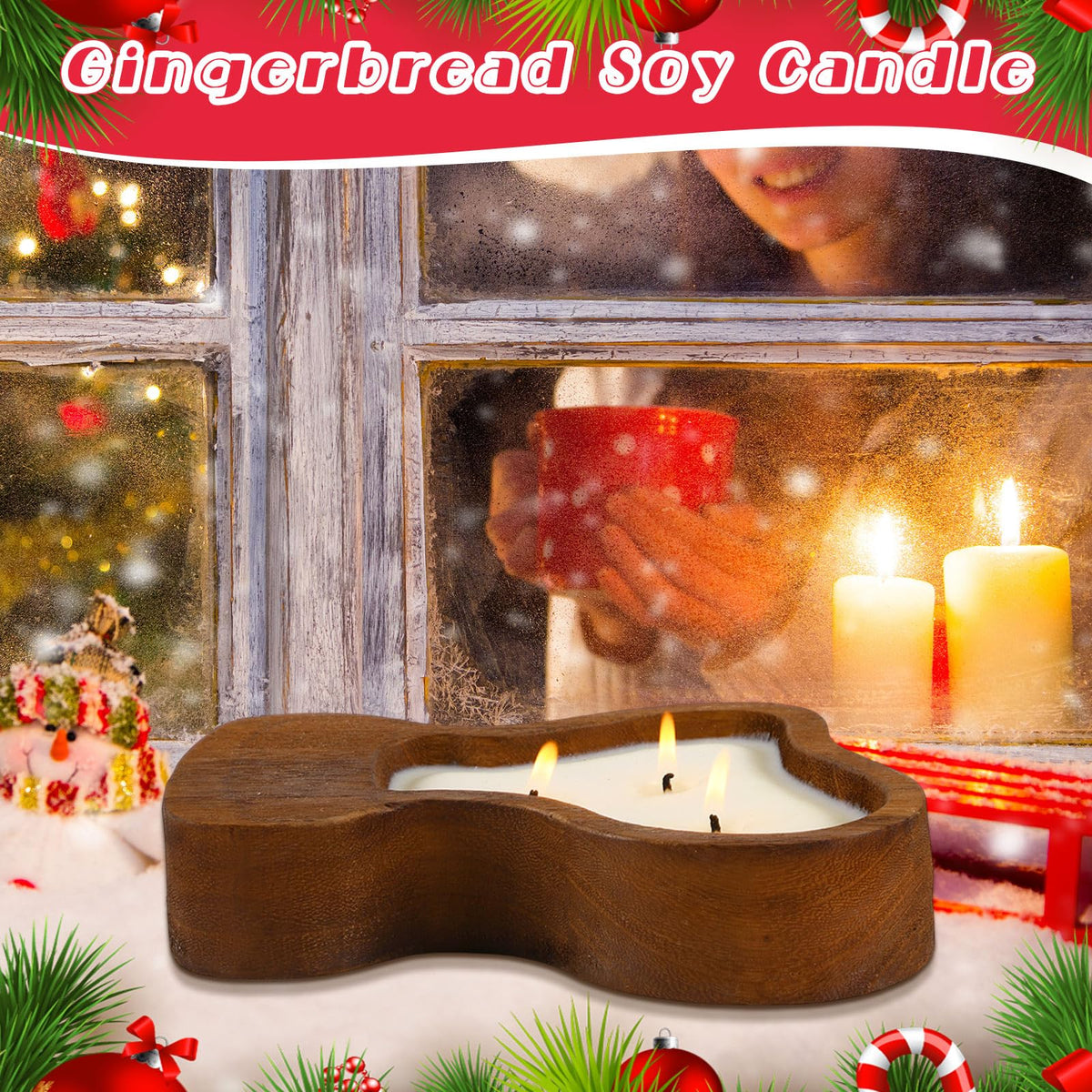 MTLEE Christmas Wooden Candle Bowl Wood Dough Bowl 3 Wick Rustic Xmas DIY Scented Candles Gifts Decoration with Berries Pine Label for Dining Farmhouse Table Centerpiece(Christmas Stockings)