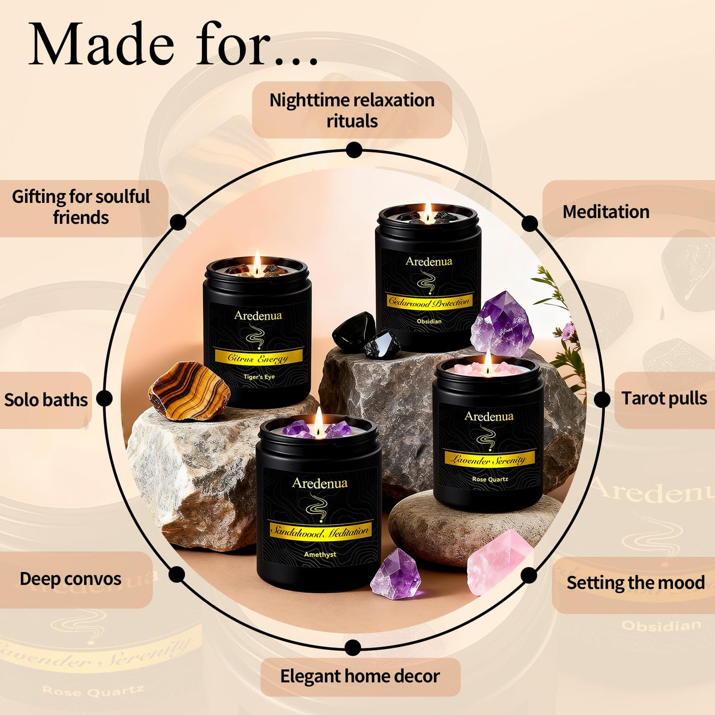 Aredenua Scented Candles Set, 4 Pack Crystal Healing Candles with Rose Quartz Amethyst Tiger Eye Obsidian, 7oz Natural Soy Wax Candles, Lavender Citrus Sandalwood Cedar, Meditation Gifts for Women Men