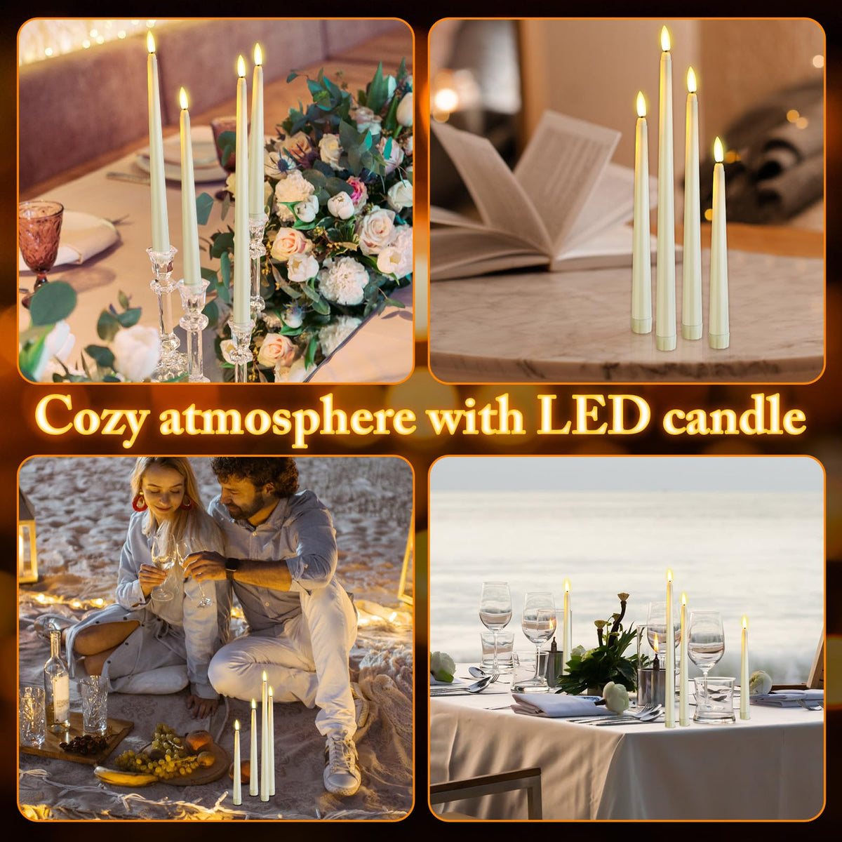 Rossesay 24 Pcs Flameless LED Taper Candles Battery Operated Candle 8.5", 9.65", 10.8", 12.8" Flameless Candlesticks Flickering for Christmas Church Wedding Indoor Decoration(Classic, Ivory)