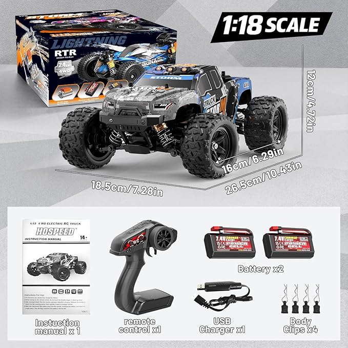 RC Cars 1:18 4x4 High Speed Monster Truck for Kids and Adults 36 km/h Off Road Remote Control Vehicle Waterproof RC Truck with Metal Drivetrain & Metal CVD 2 Batteries All Terrain RC Toys Gift