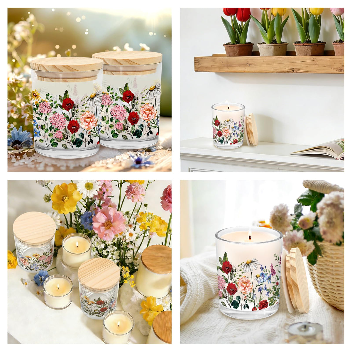 Whaline 12Pcs Wildflower Empty Candle Jar with Wooden Lid 7 oz Spring Floral Glass Candle Container for Candles Making Storing Kitchen Table Centerpiece Decoration