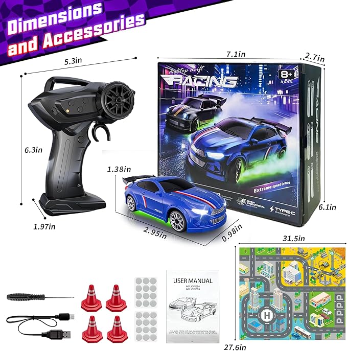Mini RC Drift Car 1:64 Scale Remote Control Car with LED Lights & 2-Speed Modes 2.4GHz Stunt Drifting RC Toys with 4 Obstacles & Track Mat Hobby Gift for Kids & Adults Blue