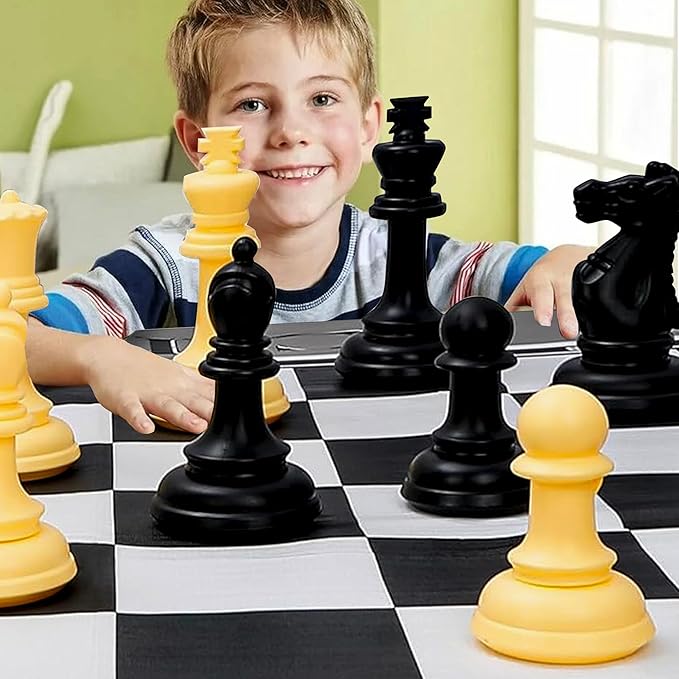King Size Giant Chess Set with 10 Inch Pieces - Oversized Plastic Chess Game for Indoor/Outdoor Use with Waterproof Mat and Storage Box for Kids Adults Family Fun
