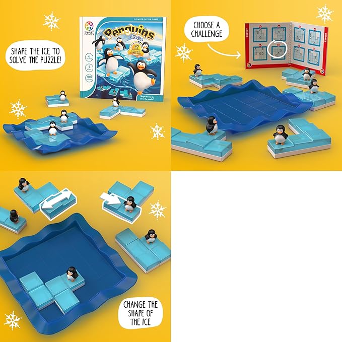 SmartGames Penguins on Ice – Sliding Logic Puzzle Game with 60 Challenges STEM Brain Teaser for Kids Ages 6+ Travel-Friendly Single Player Puzzle
