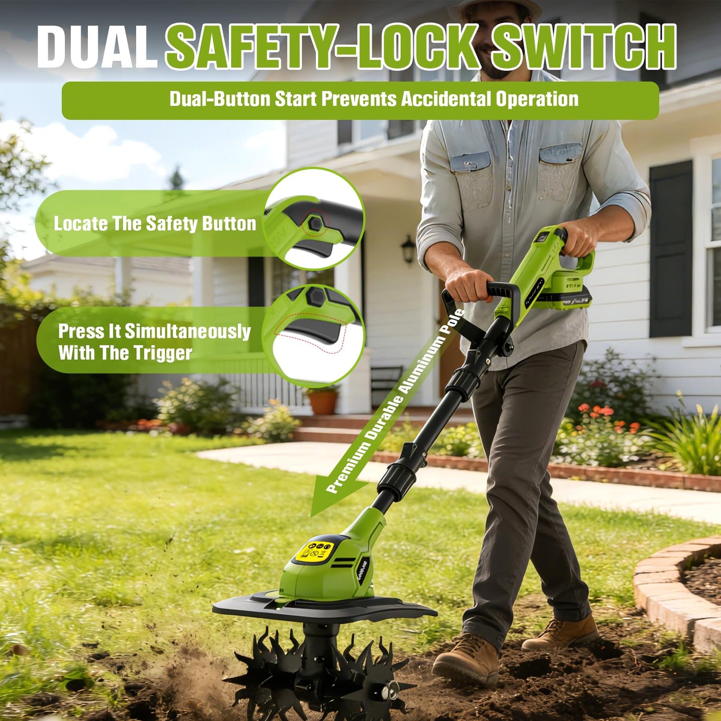 GOODJOB 20V Cordless Small Tiller with Two Batteries, 12.4LBs Feather-Light Cultivator for Seniors, 360 RPM High-Torque Rototiller with 48 Steel Tines (9" x 7") for Hard Clay