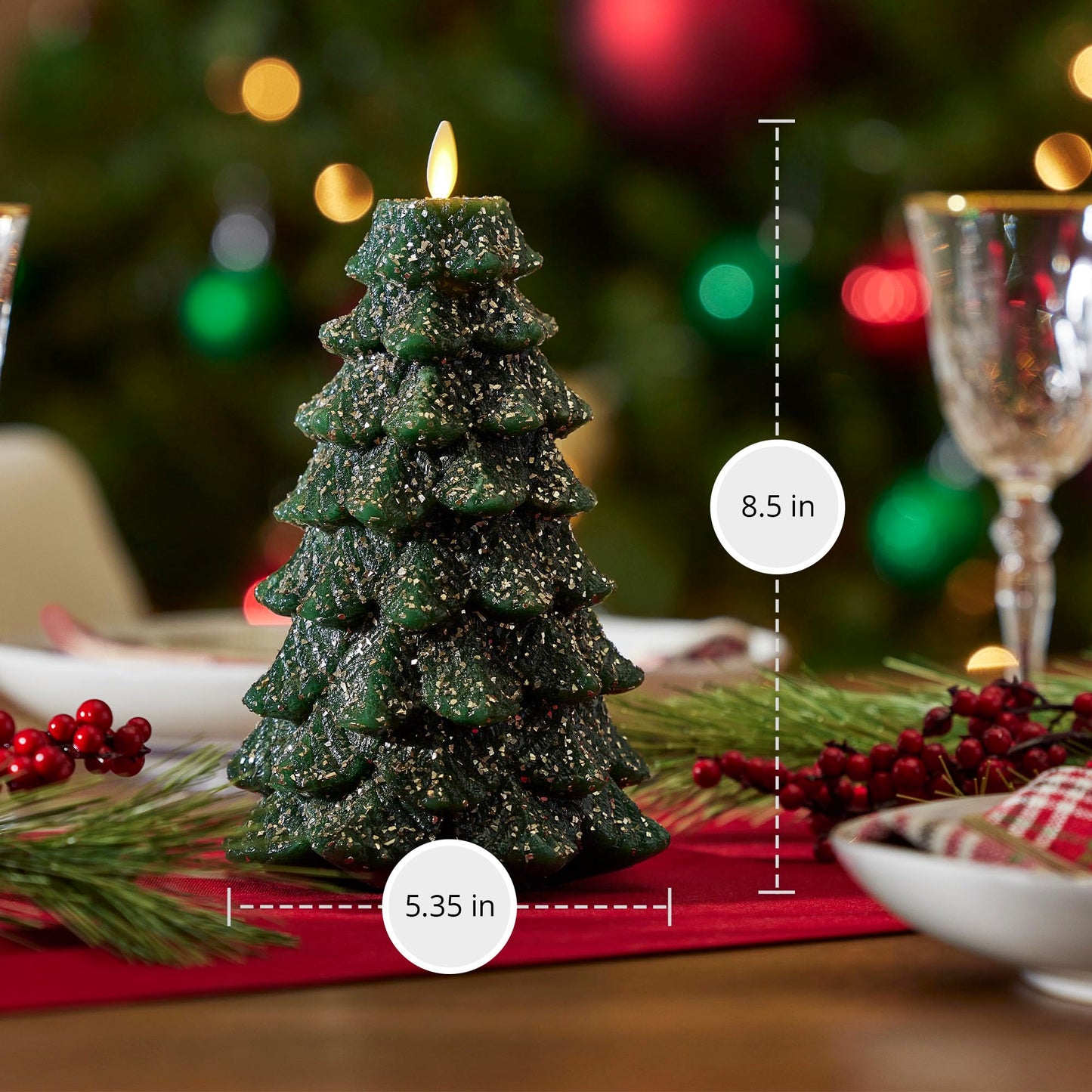Luminara Christmas Tree Flameless LED Candle, Dark Green 5.35" x 8.5", Moving Flame Battery Operated Timer, Holiday Decor, Glitter Snow Finish Safe