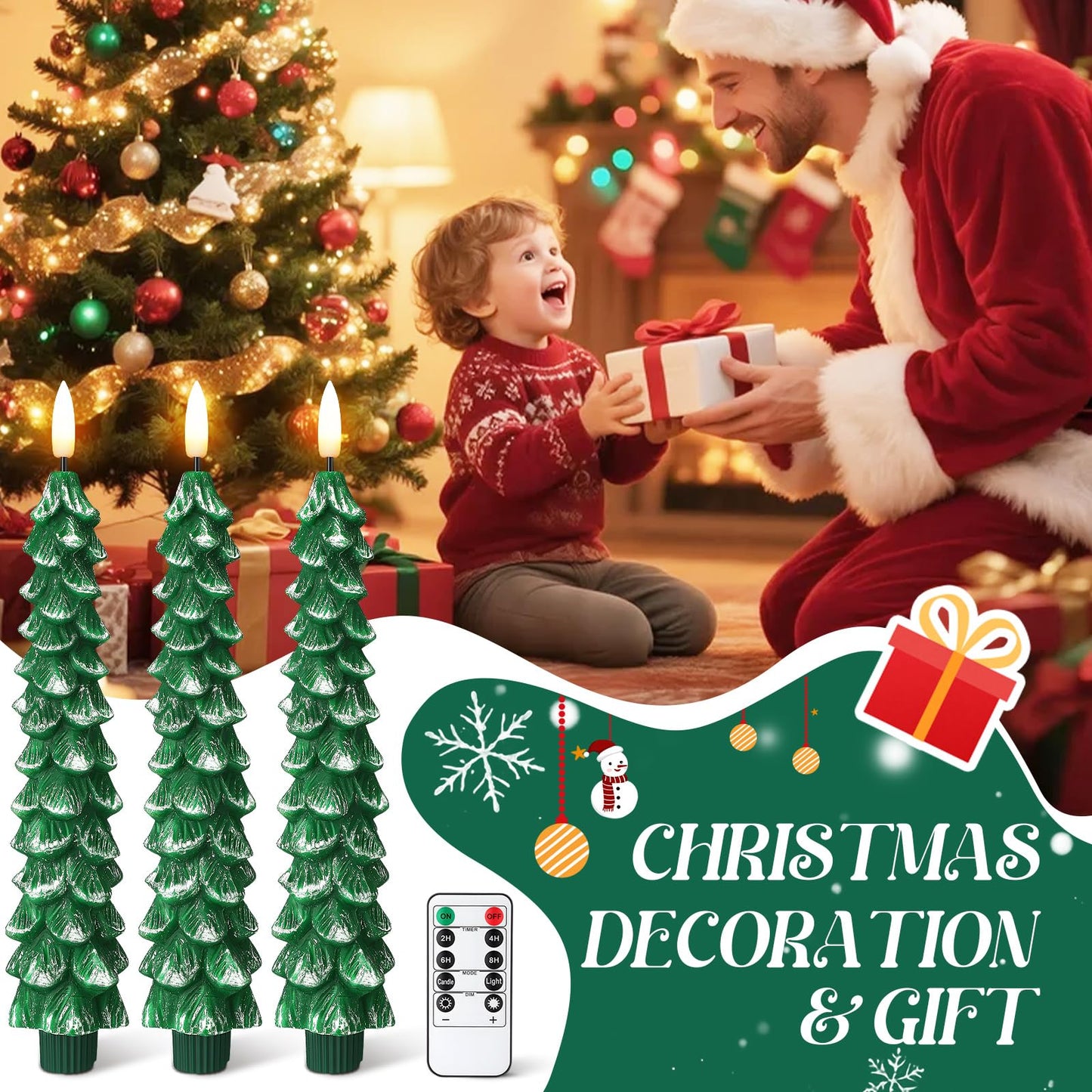 Enhon 3 Pcs Christmas Tree Flameless Taper Candles Battery Operated with Remote and Timer, Real Wax LED Candles, Warm 3D Wick Flickering Lifelike Leaves, Xmas Dinner Holiday Decoration(Green, Silver)