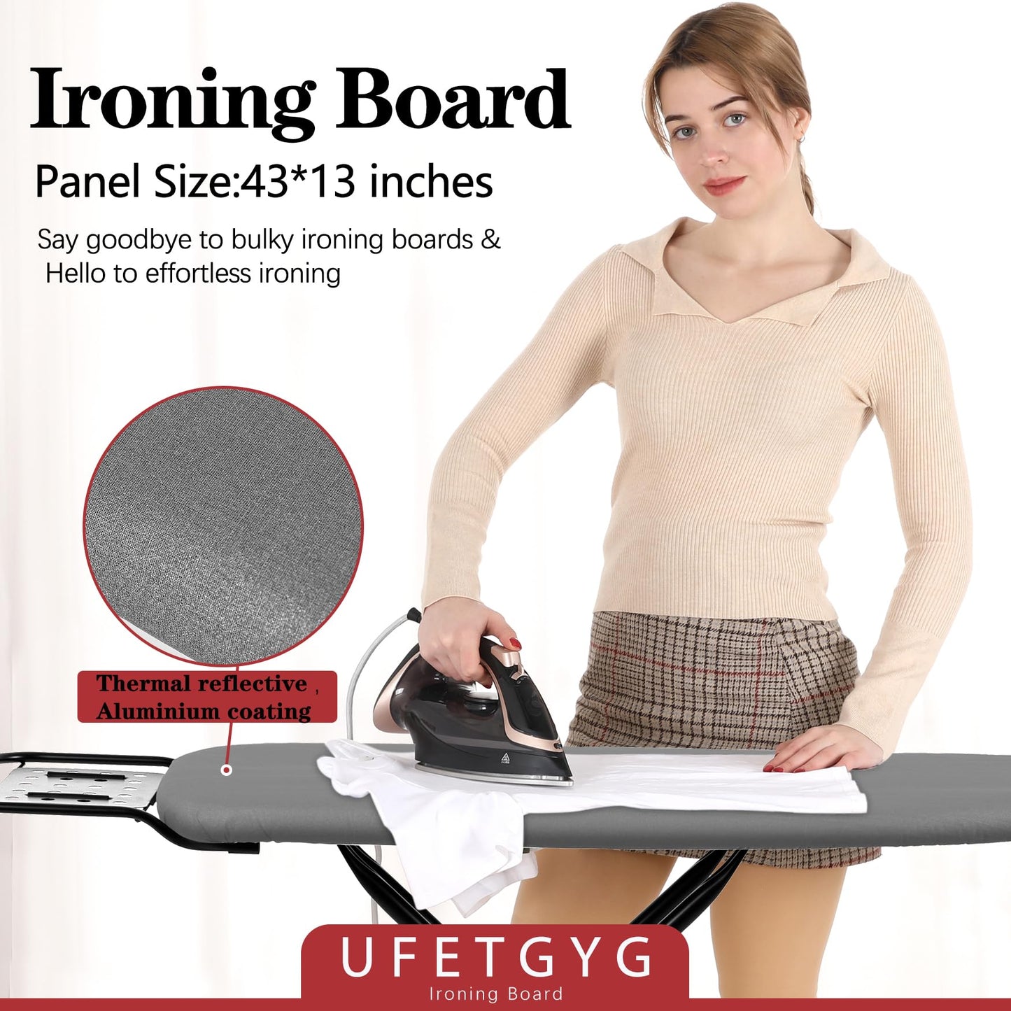 UFETGYG Ironing Board,13" X 43" W/with Iron Rest | Full Metal Construction| Height Adjustable | Heat & Scorch Resistant Fabric | Heavy Duty| Easy to Fold | Anti-Skid Feet |Grey