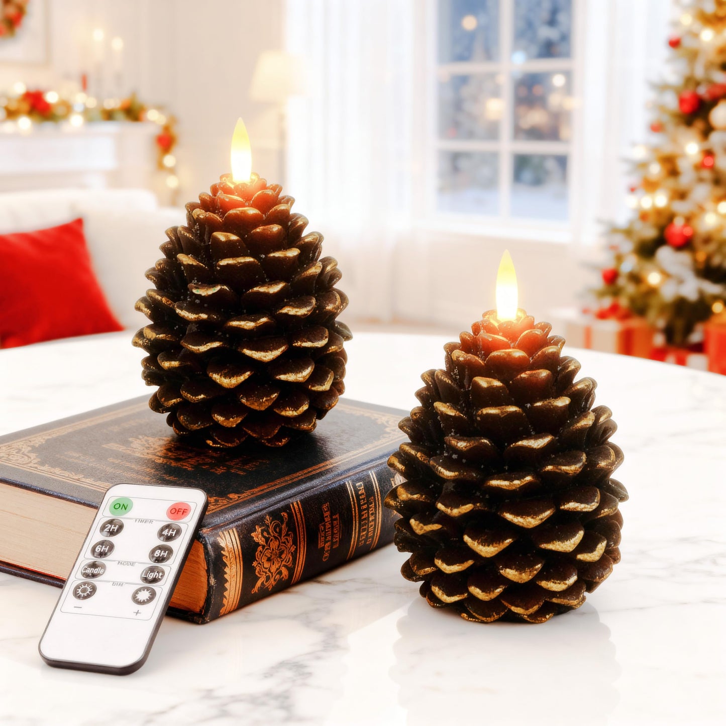 Pansyling 2pcs Flameless Pinecone Candles with Remote, Battery Operated Pine Cone Candles Real Wax Winter Decor, Flickering LED Christmas Decoration, D3.5 x H5 Inch, Brown & Gold Trim