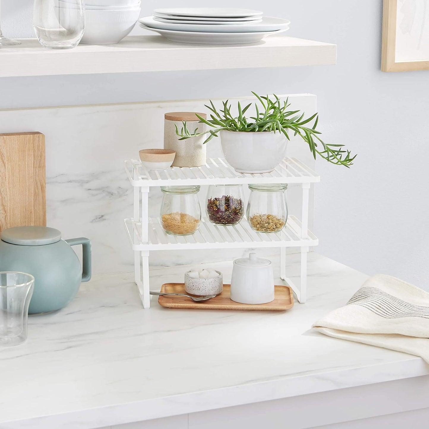 Amazon Basics Stackable Metal Kitchen Storage Shelves for Dishes, 12.5" L x 8" D x 4.5" H, Set of 2, White