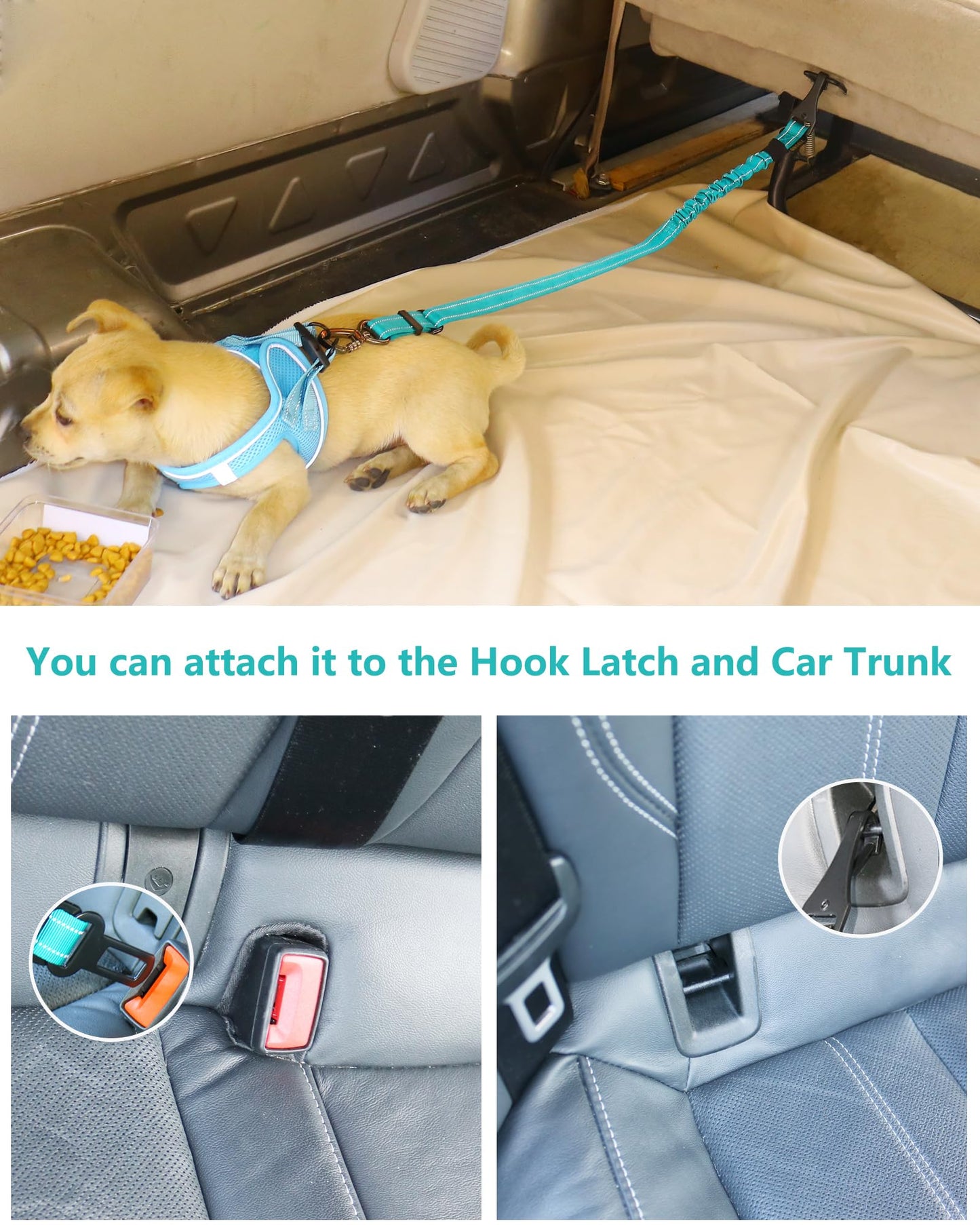 AUBELL Dog Seat Belt for Car,2 Pack Set 3-in-1 Adjustable Reflective Bungee Heavy Duty Dog Car Harness Tether with Clip Hook Latch & Buckle,Swivel Zinc Alloy Carabiner,Black+Teal