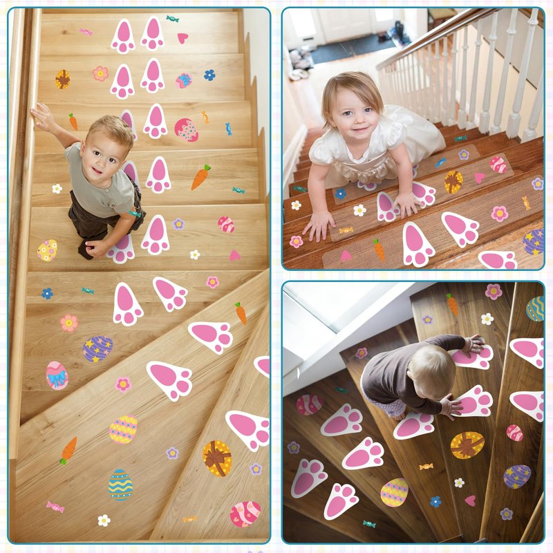 GULWAT 299 PCS Easter Bunny Footprints Stickers for Floor, Cute Rabbit Footprints for Easter Hunting Games Bunny Paw Prints Floor Decals Clings Flower Carrot Holiday Party Home Wall Window Decorations