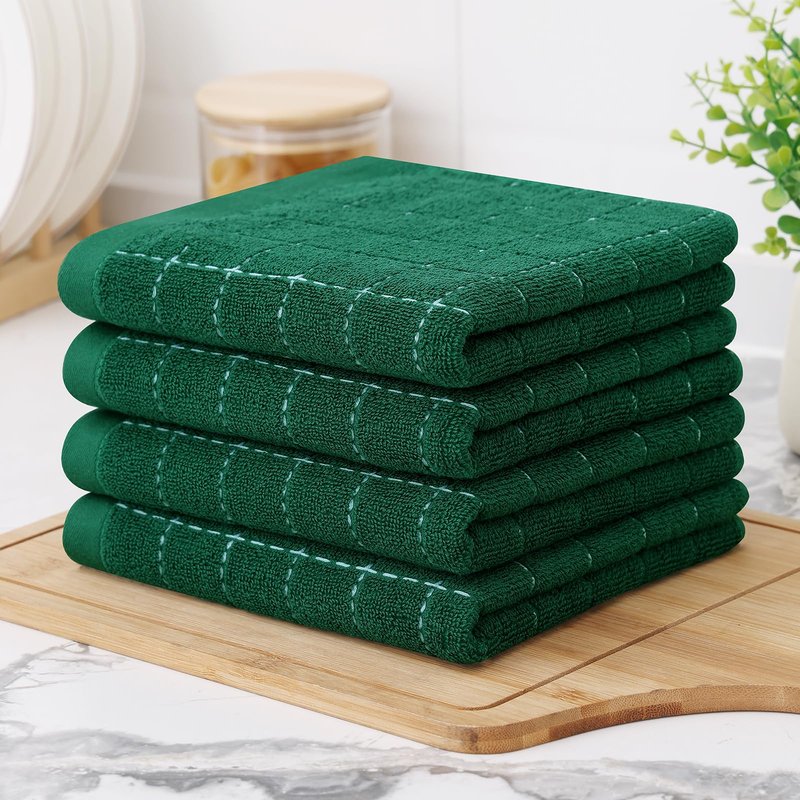 Homaxy 100% Cotton Terry Kitchen Towels(Dark Green, 13 x 28 inches), Checkered Designed, Soft and Super Absorbent Dish Towels, 4 Pack