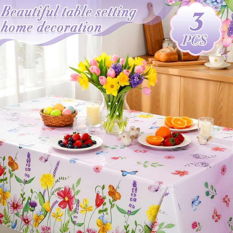 Oudain 3 Pcs Easter Tablecloth Decorations - 54×108 Inch Spring Flower Disposable Plastic Waterproof Pastel Garden Floral Table Cover Runner Rectangular for Easter Brunch Baby Shower Wedding Party