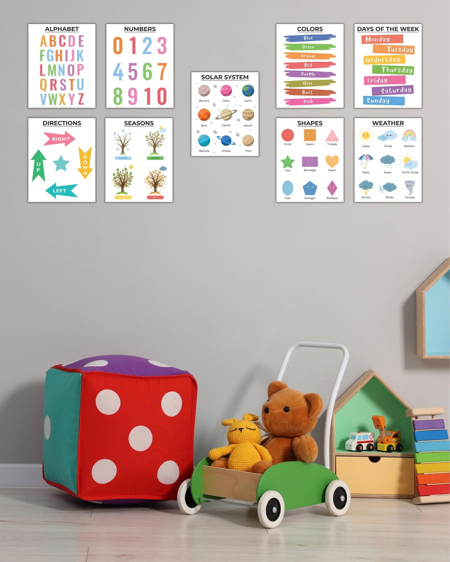 CNTG Design Educational Posters – Set of 9, 8x10 Inch Unframed Wall Art – Alphabet, Numbers, Solar System, Shapes & Classroom Decor for Homeschool (Essential Learning)