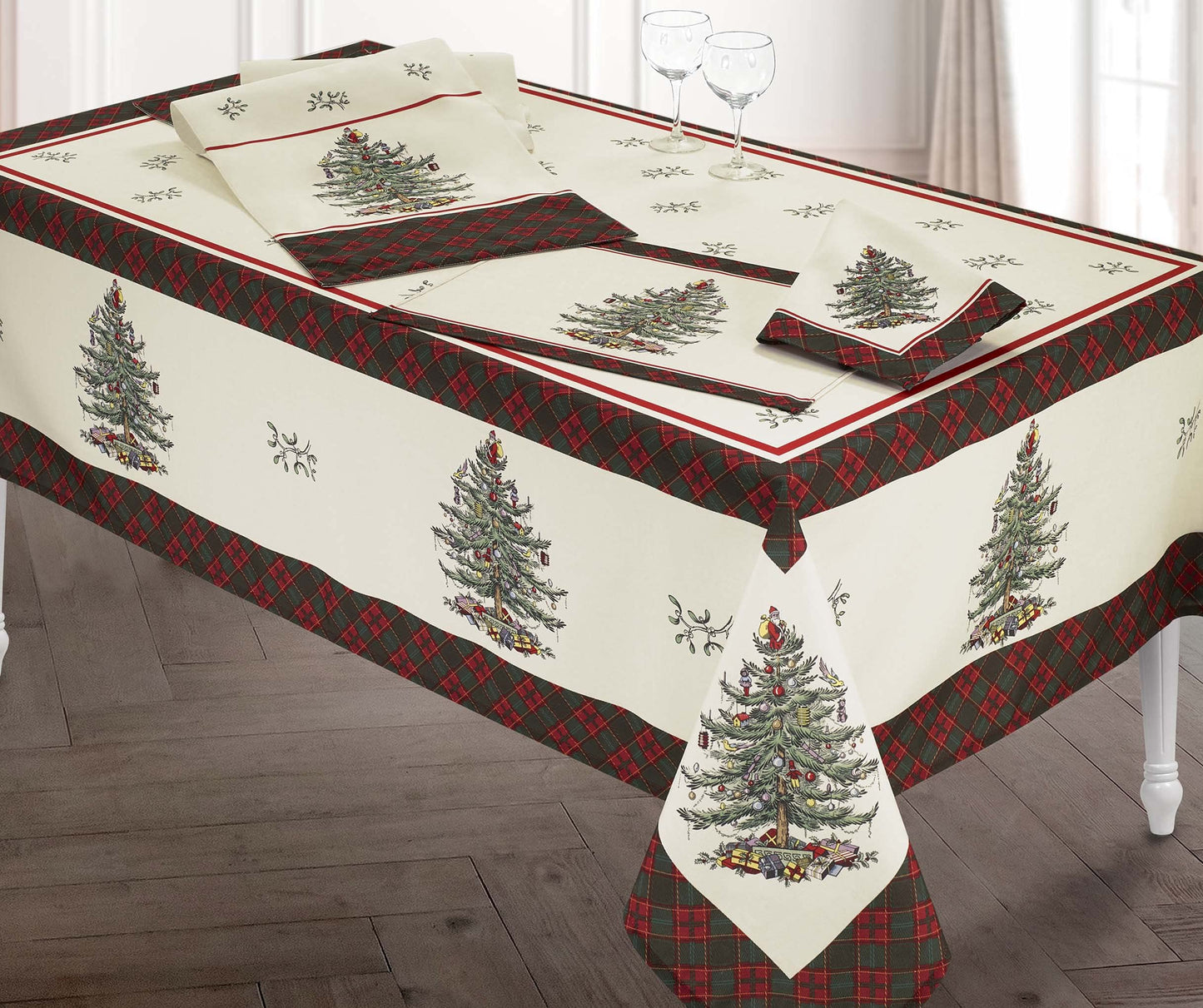 Spode - Fabric Tablecloth, Holiday Home Decor Christmas Tree Tartan Collection, 60" x 144"