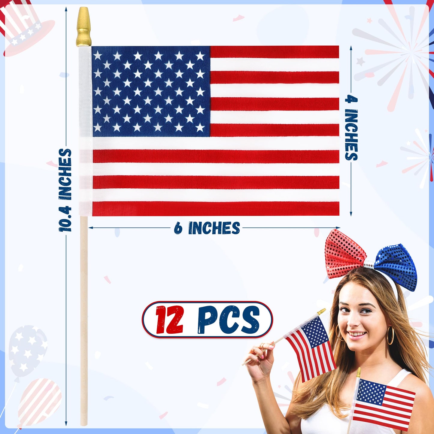 12 Pcs Small American Flags on Stick, 6x4 In 4th of July Decorations, Mini Patriotic USA Flag, Fourth of July Decorations, Hand Held July 4th Flag for Independence Day Supplies Favor Accessories