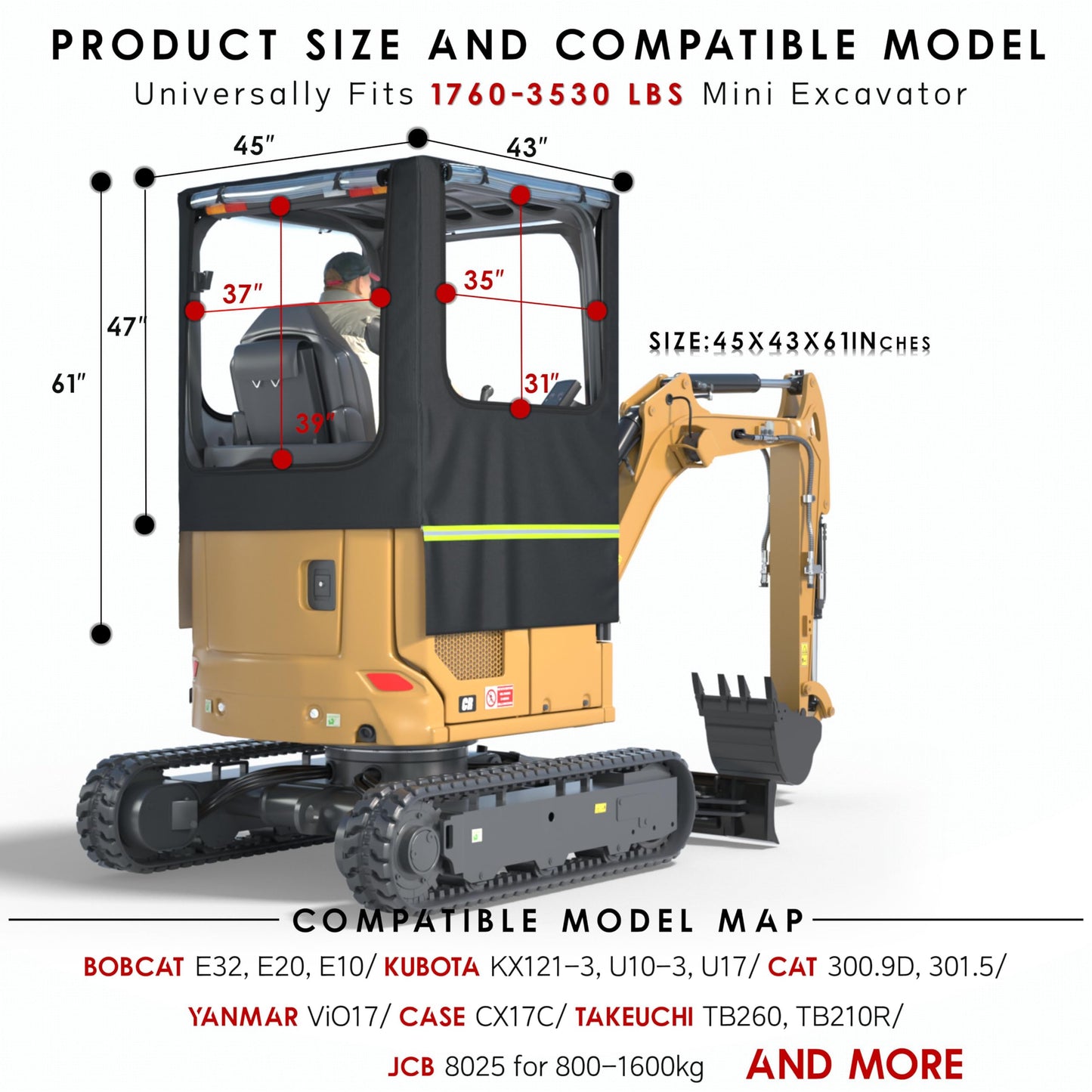 Mini Excavator Cover,Transparent Excavator Cab Enclosure,1680D Waterproof Oxford Fabric + EVA HD Transparent See-Through Material, 45x43x61in, for Bobcat E20/Kubota U17 etc, 1760-3530 lbs.(Black)