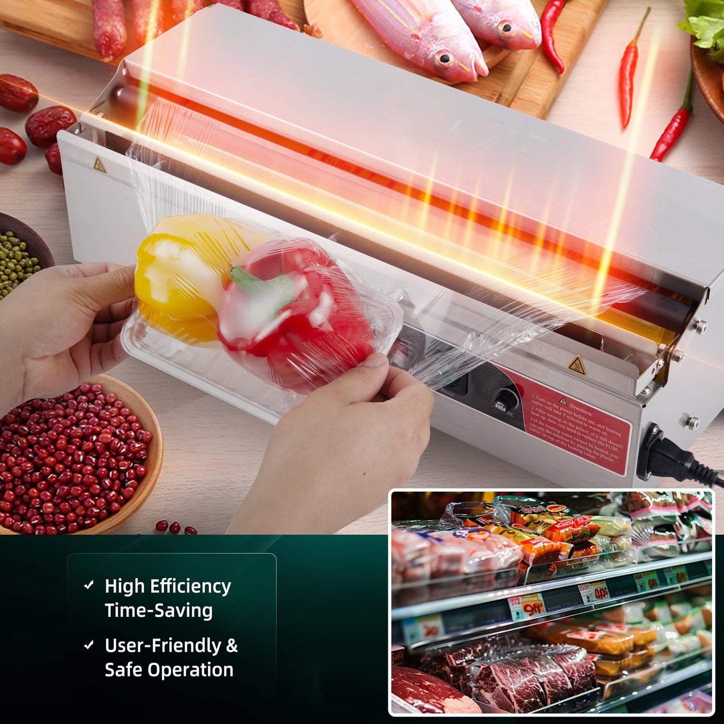 18 Inch Stainless Steel Hand Wrapping Machine & Film Dispenser with Electric Heated Cutter for Commercial Kitchens