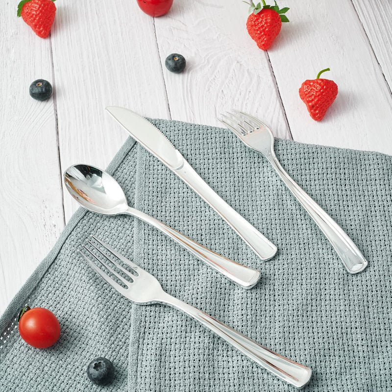 FOCUSLINE 300 Pack 6.8" Disposable Silver Plastic Spoons, Solid and Durable Plastic Cutlery Spoons, Heavy Duty Disposable Utensil Silverware for Catering, Parties, Dinners, Weddings