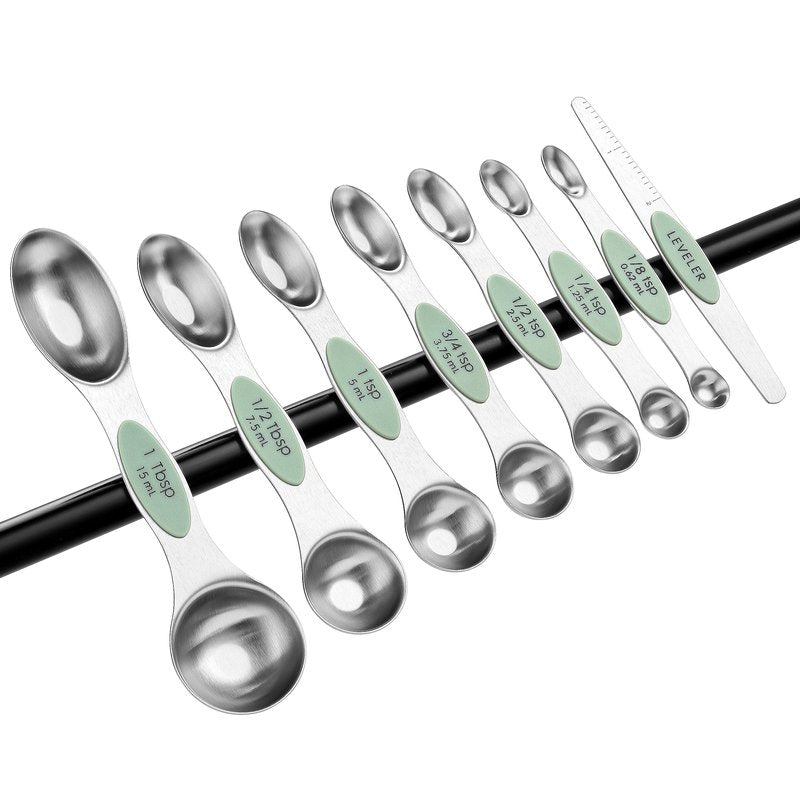 Spring Chef Magnetic Measuring Spoons Set, Dual Sided, Stainless Steel, Fits in Spice Jars, Pistachio, Set of 8, 2 Pack