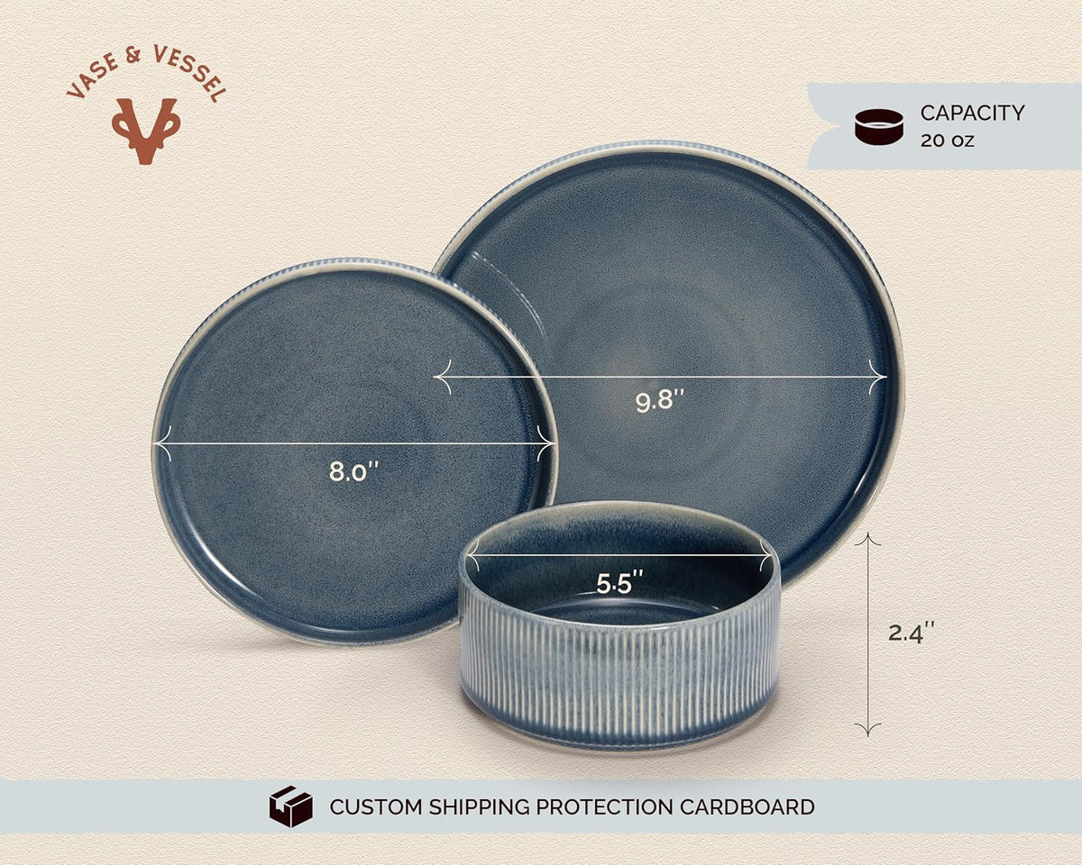 Vase and Vessel Ceramic Dinnerware Set - 12-Piece Service for 4 | Ombre Reactive Glaze, Durable Stoneware, Denim