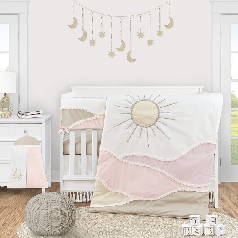 Sweet Jojo Designs Boho Desert Sun Girl or Boy Baby Nursery Crib Bed Skirt Dust Ruffle - Ivory Beige Off White Cream Bohemian Minimalist Tassels Fringe Macrame Cotton Neutral