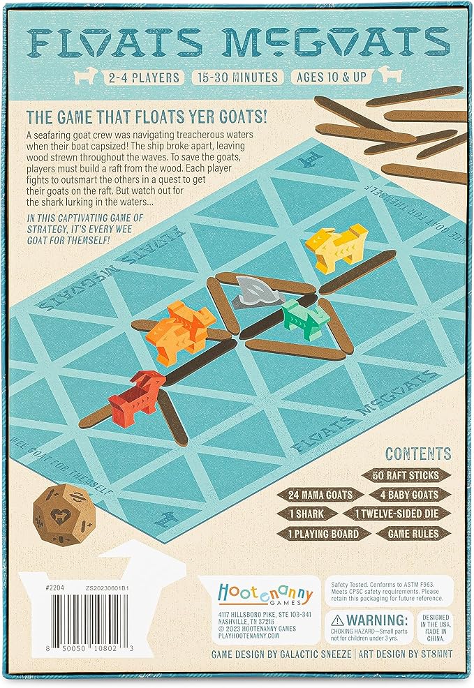 Hootenanny Games Floats McGoats Board Game | Build a Raft & Save Your Goats | Perfect for Family Games | 2-4 Players Ages 10+