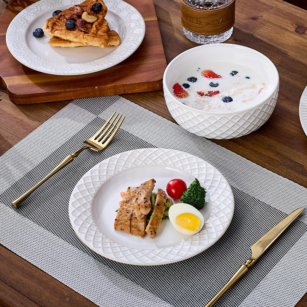 Pyrilo 10.4-Inch Embossed Ceramic Plates Set of 4 - Arctic White Dinner Plates for Kitchen Dining Microwave Dishwasher Safe Scratch Resistant Plate Sets Housewarming Wedding Gift