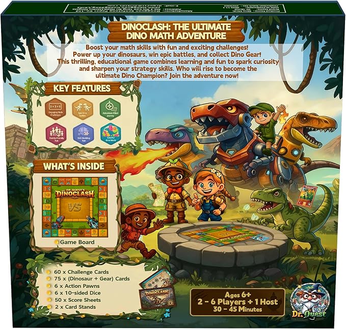 Dr. Quest Dino Clash Educational Math Board Game | Dinosaur-Themed Addition & Subtraction Game | Educational Family & Homeschool Math Game for Kids Ages 6–10