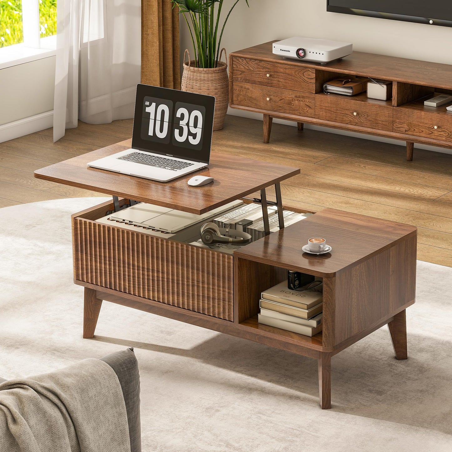LYNCOHOME Fluted Lift Top Coffee Table with Storage, Modern Coffee Table for Living Room, Home Office(Walnut)