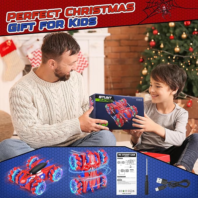 Spider RC Cars for 4 5 6 7 8 Year Old Boys - 2.4Ghz Rechargeable Double Sided Remote Control Stunt Car 360°Rotating 4WD Off-Road RC Drift Car with Light Birthday Xmas Gifts for Kids Age 4-6 5-7 8-12