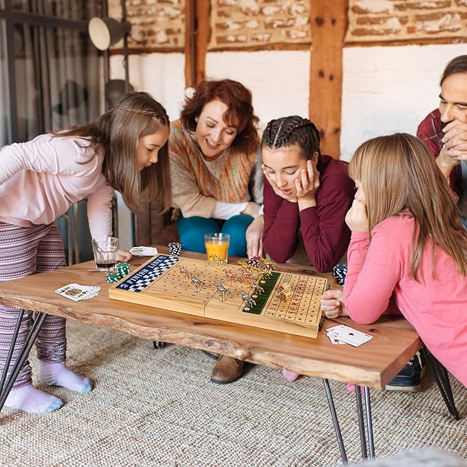 Horse Racing Board Game - 23x12 - Derby Classic Horse Race Game with 11 Metal Horses - Foldable Wood Horse Game with Dice Premium Chips & 2 Packs of Cards - Natural Wood