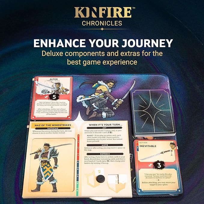 Kinfire Chronicles: Upgrade Kit Deluxe Accessory Pack with Metal Tokens Acrylic Standees Neoprene Mats Custom Sleeves Alternate Seeker Skins & DIY Quest Ages 14+(Not Standalone Needs Base G