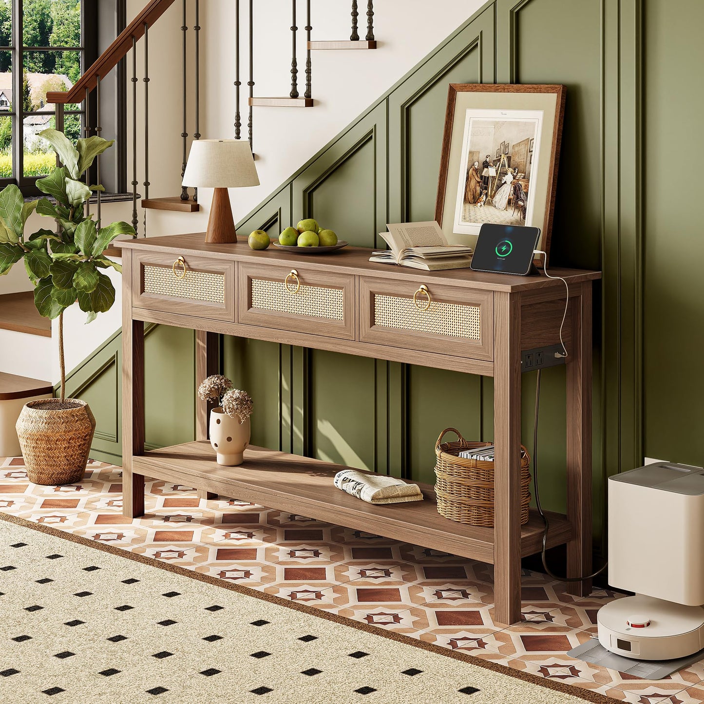 SUPERJARE Rattan Console Sofa Table with Outlets and USB-C Port, 3 Drawer Entryway Table with Synthetic Rattan Surface, Open Shelf, Behind Couch Entry Foyer Hallway Storage, Brown