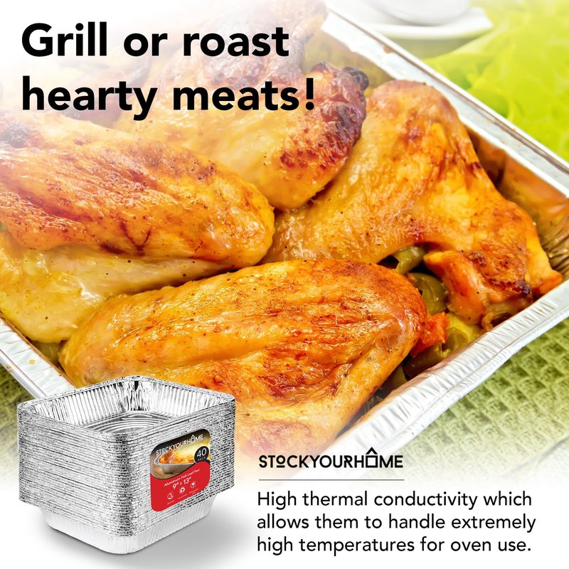Stock Your Home 9x13 Aluminum Pans (40 Pack) - Disposable and Recyclable Foil Trays - Half Size Steam Table Deep Pans - Tin Foils for Cooking, Heating, Storing, Prepping Food