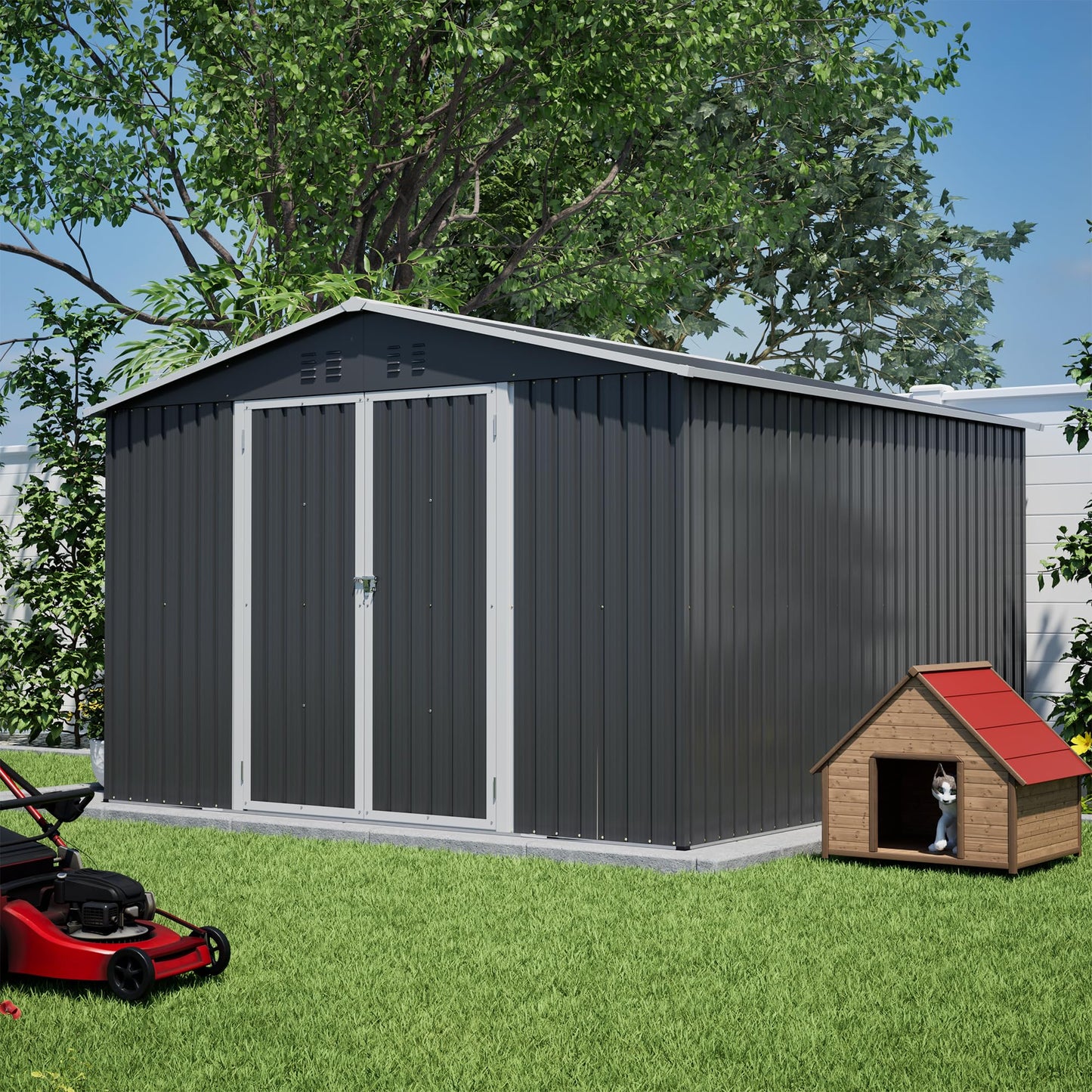10'x10' Galvanized Steel Outdoor Storage Shed with Lockable Sliding Double French Doors & Top Air Vents, Large Heavy-Duty Garden Tool Shed, Black