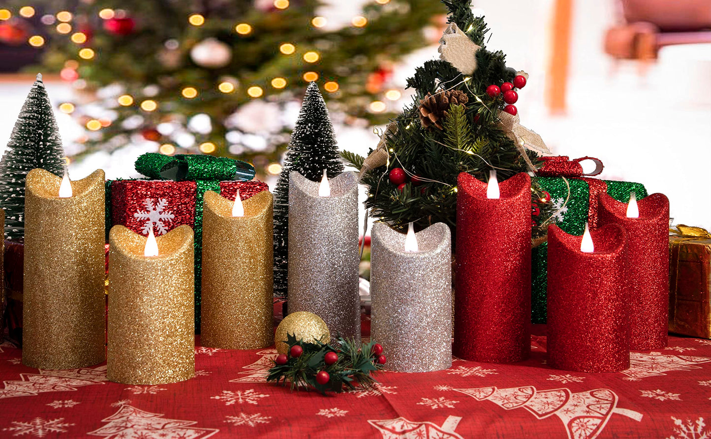 GiveU Pack of 3 Red Glitter Candle 3D Moving Flame LED Candles,10-Key Remote, Battery Powered Flameless Candle with Timer, Home Decor Bedroom, Hallway, Wedding Events