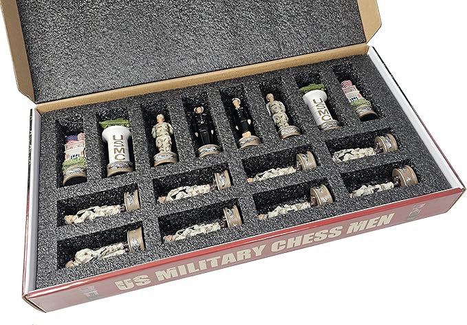 US Military Chess Set Army Navy Air Force or Marines. Choose 2 Branches of Men with 17 inch Walnut Color Storage Board (Army vs Marines)