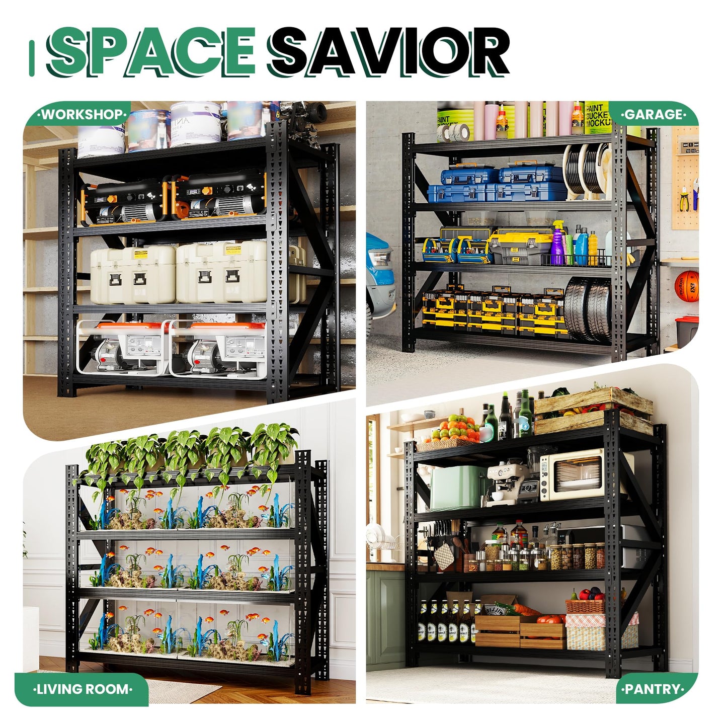 VIYET 4-Tier Heavy Duty Garage Shelving,Industrial Shelving for Low Ceilings,Garage Storage Racks Heavy Duty Steel Shelves,Compact Metal Rack for Basements,Garages with Ductwork,Apartments