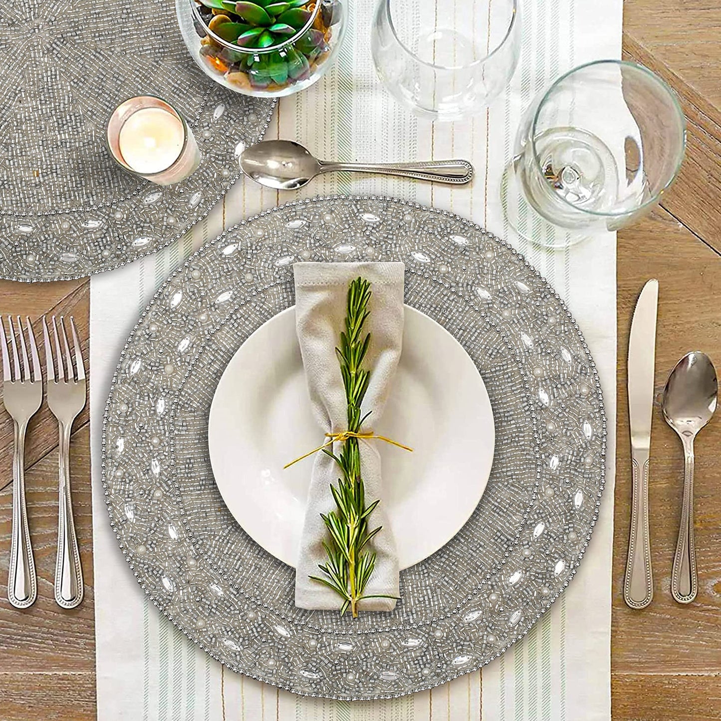 13" Round Beaded Placemat - Handcrafted Glass Beads in White Silver - Luxury Dining Table Decor, Wedding & Housewarming Gift, Holiday Use Pack of 1 by ALPHA Living HOME