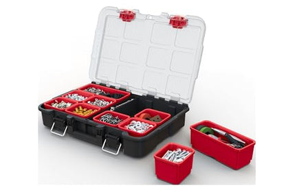 Keter Stack-n-Roll Modular Tools Organizer for Garage Storage and DIY, 3 Piece Resin Rolling Tool Box System for Small Parts, Black