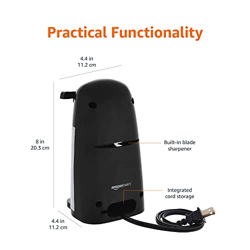 Amazon Basics 3-In-1 Electric Can Opener, Bottle Opener and Knife Sharpener, with Stainless Steel Blade, Magnetic Lid Holder, Automatic, Countertop, 50W, Black