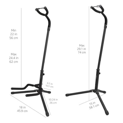 Amazon Basics Height Adjustable Foldable Guitar Stand with Secure Support for Acoustic, Electric, Bass and Banjos, Sturdy, Black