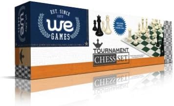 WE Games Tournament Chess Set with Deluxe Blue Canvas Bag Triple Weighted Chess Pieces with 4.0 inch King Vinyl Roll-Up Chess Board 20 inches Travel Chess Set for Adults
